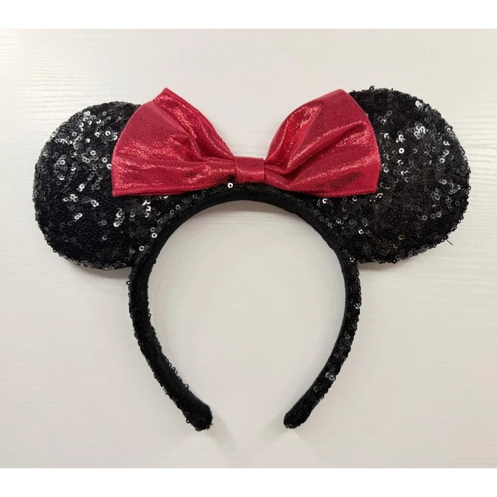 Disney Minnie Mouse Sequin Ear Headband Black Red Bow Party Cartoon Accessory